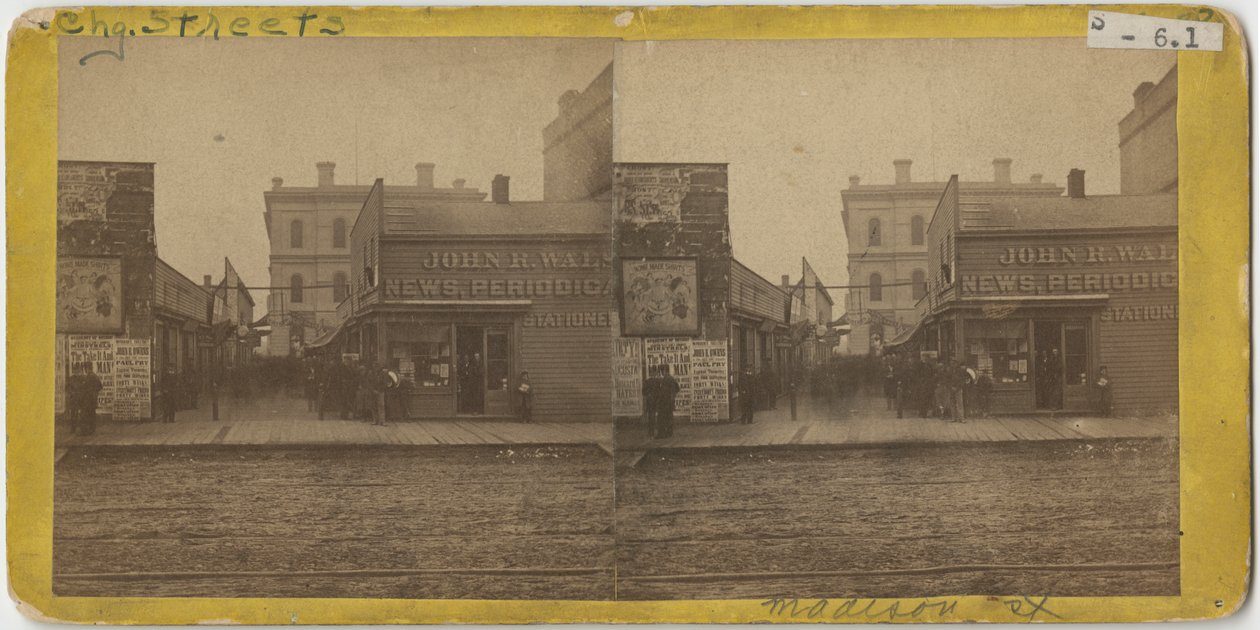 Vy över John R. Walsh Periodicals butik på Madison Street, Chicago med postkontoret i bakgrunden, 1869 av John Carbutt