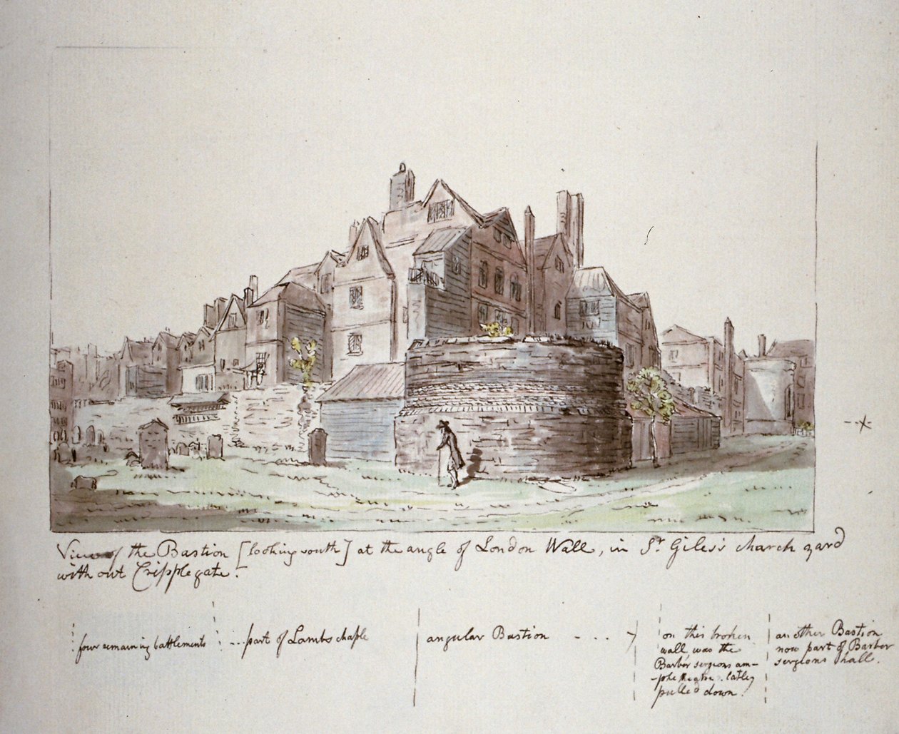 Bastion i vinkeln mot Londonmuren, St Giles utan Cripplegate kyrkogård, City of London, 1779 av John Carter