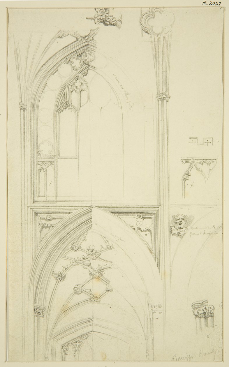 Detaljer om Clerestory Window Tracery och Vaulting of the Aisle nedan, i St Mary Redcliffe (penna och akvarell på papper) av John Carter