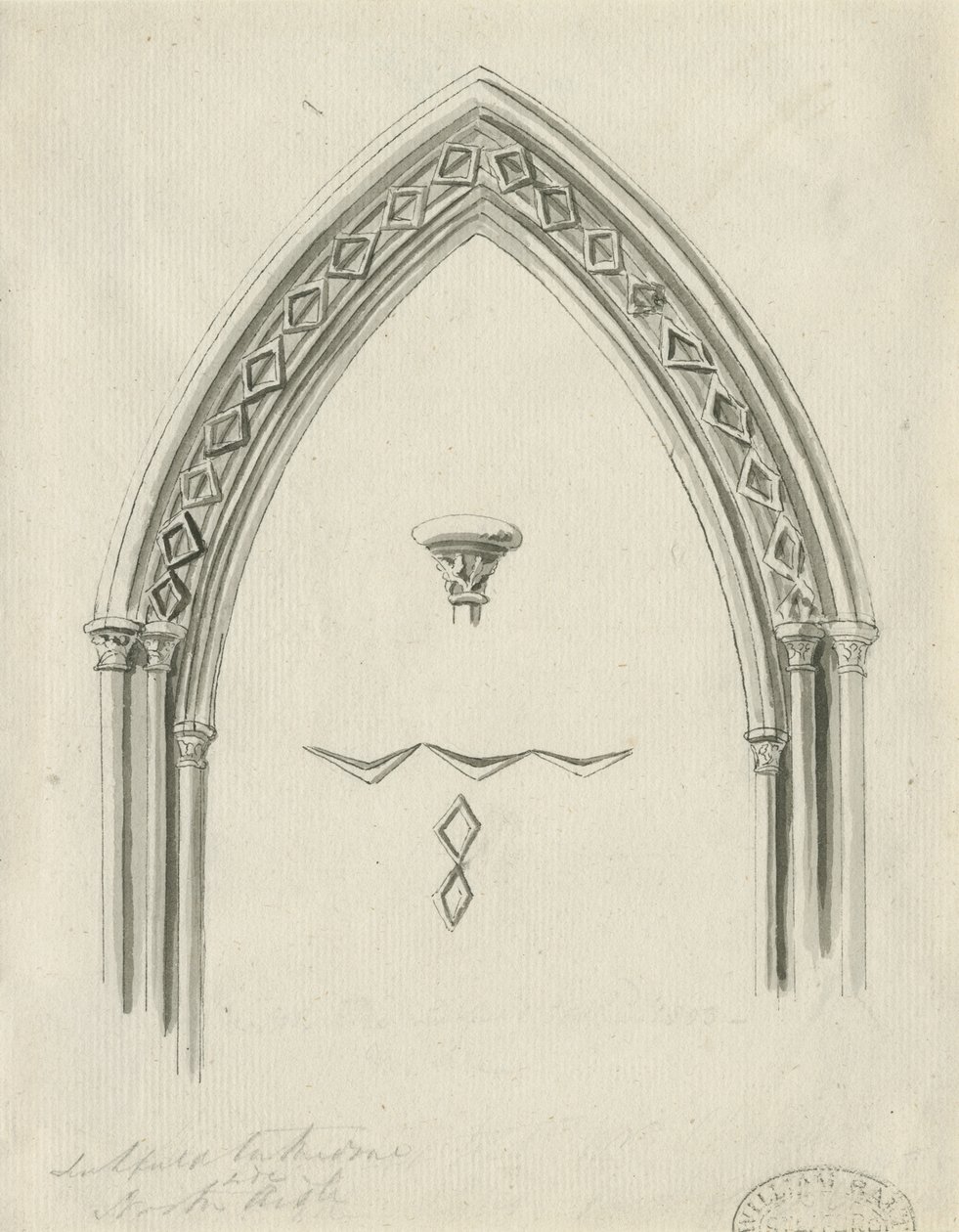 Interiör av Lichfield Cathedral - Arch i North Aisle: sepiateckning, nd [?1800-talet] (ritning) av John Carter