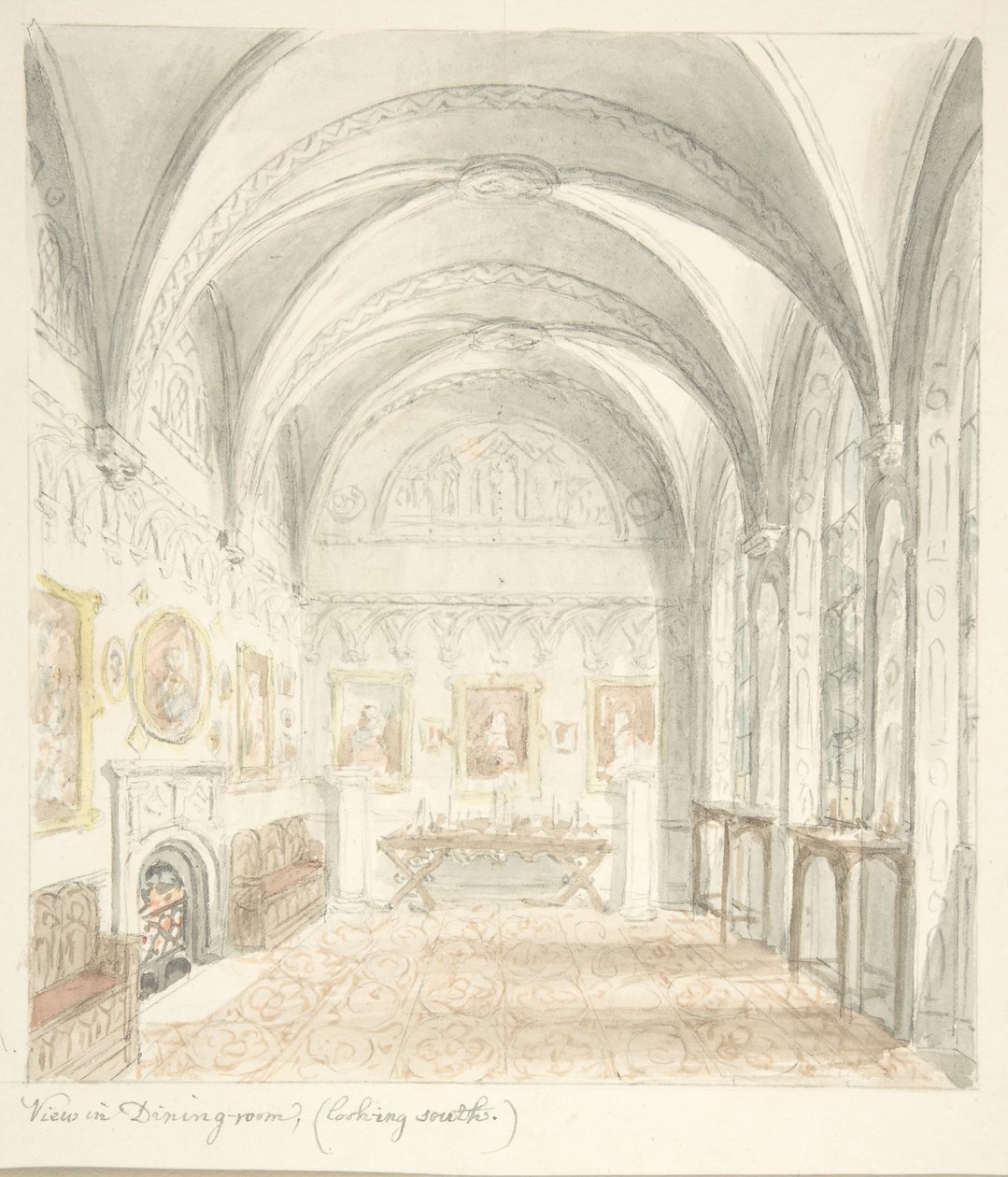 Lea Castle, Worcestershire, matsal med utsikt mot söder, ca. 1816. av John Carter.