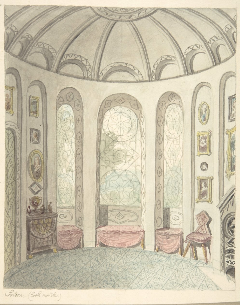 Lea Castle, Worcestershire, Saloon, tittar norrut, ca. 1816. av John Carter.