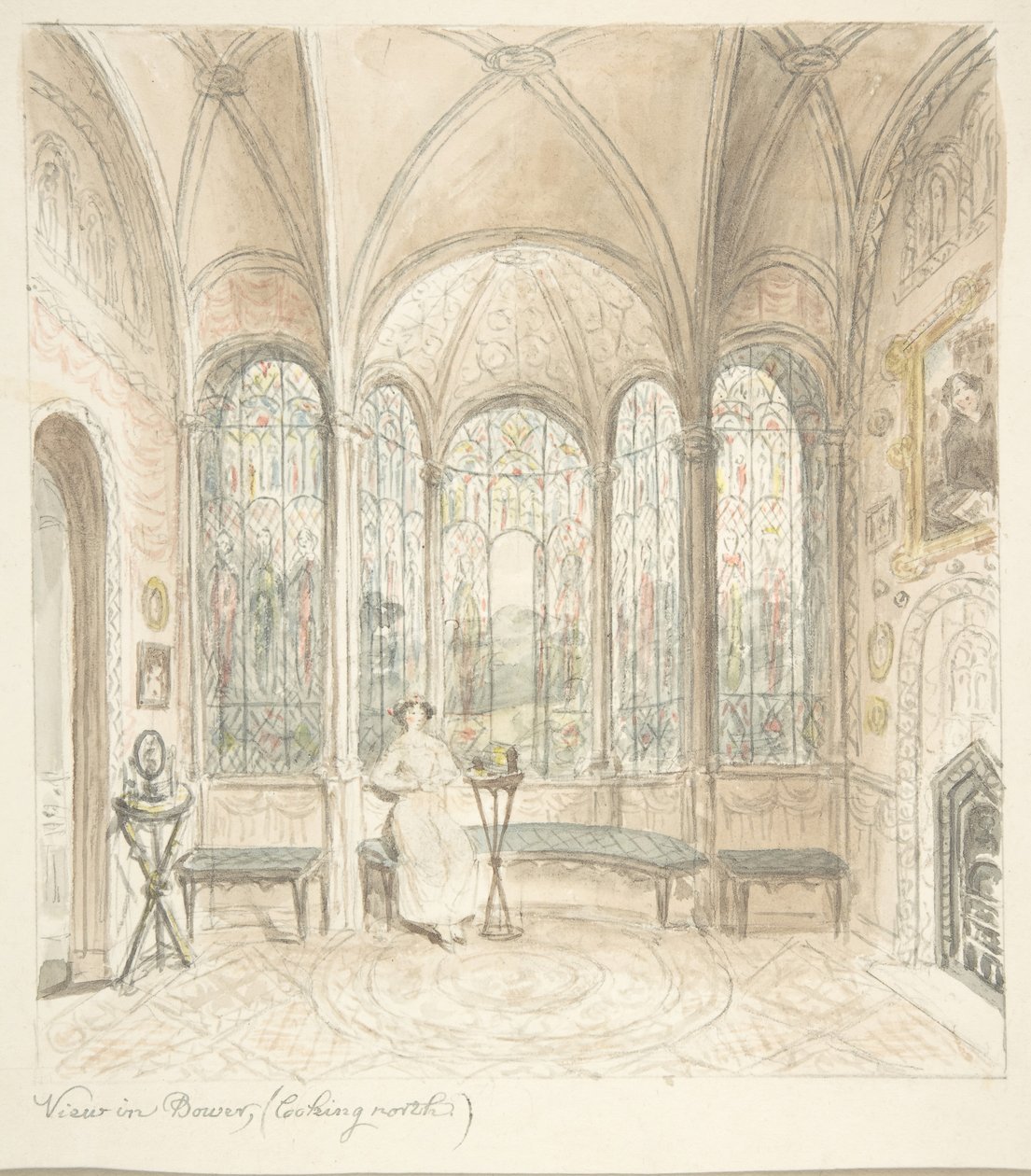 Lea Castle, Worcestershire, View i Bower, ser norrut, ca. 1816. av John Carter.