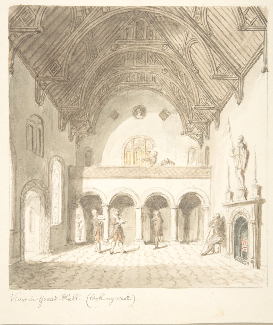 Lea Castle, Worcestershire, Utsikt i stora salen, tittar västerut, ca. 1816. av John Carter.