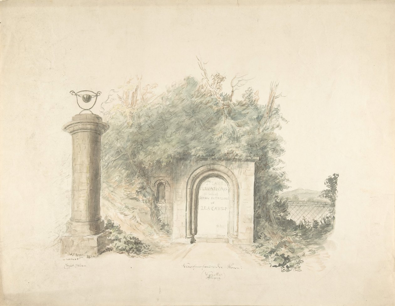 Titelsida till en grupp av planer, höjder och natursköna interiörer av Lea Castle, Worcestershire..., 18 av John Carter.