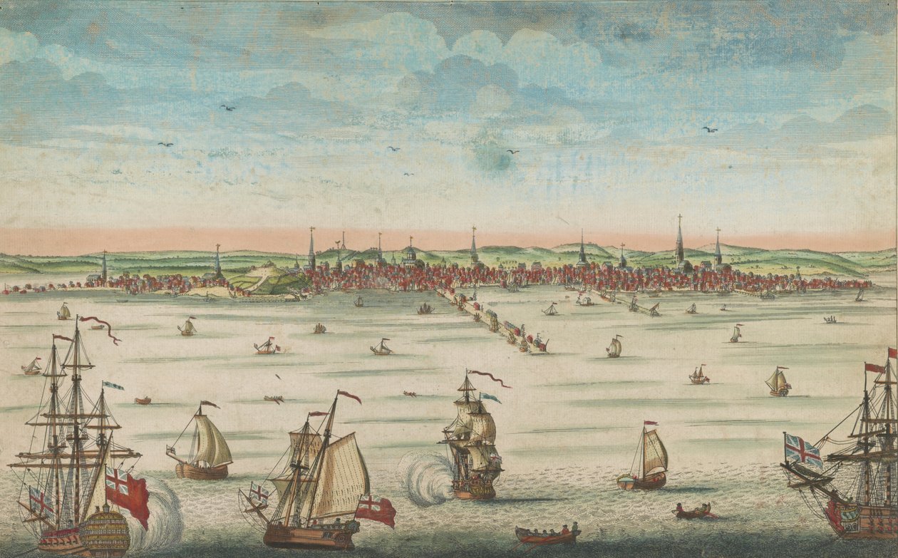 En sydostvy över den stora staden Boston i New England i Amerika, 1730-60 av John Carwitham