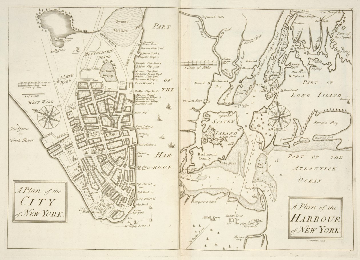 Holkham MS 109 F 41, planer över staden och hamnen i New York, ca 1740 (gravyr) av John Carwitham