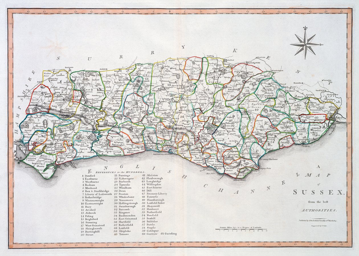 Karta över Sussex, 26 mars 1805 (handfärgad gravyr) av John Cary