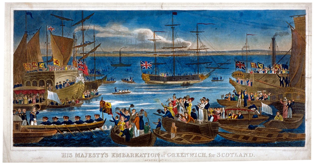 Hans Majestäts ombordstigning i Greenwich, för Skottland, 1822. av John Chapman