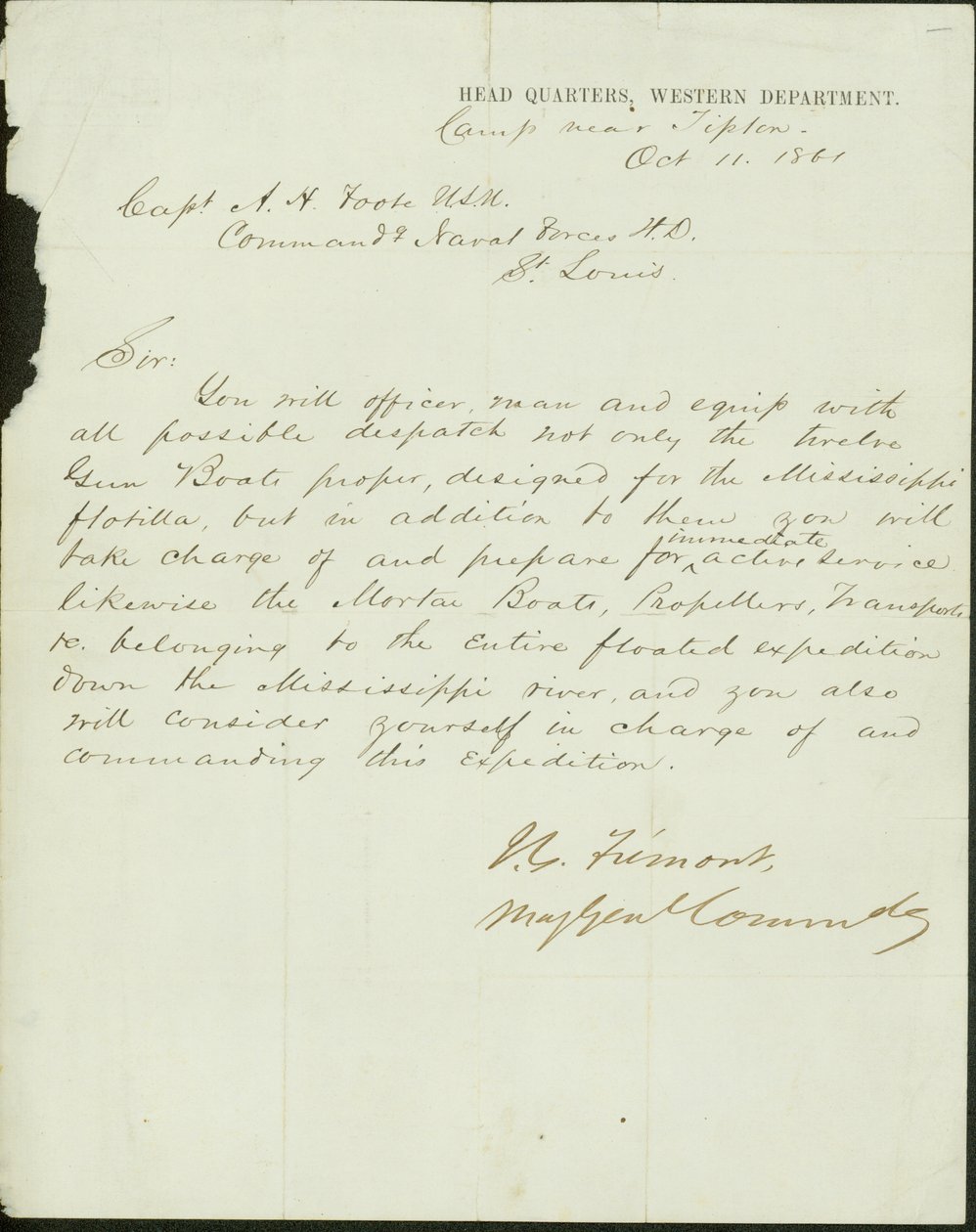 Letter signed J.C. Fremont, Major General Commanding, Head Quarters, Western Department, camp near Tipton, to Captain A.H. Foote, U.S.N. Commanding Naval Forces H.D., St. Louis, October 11, 1861 av John Charles Frémont