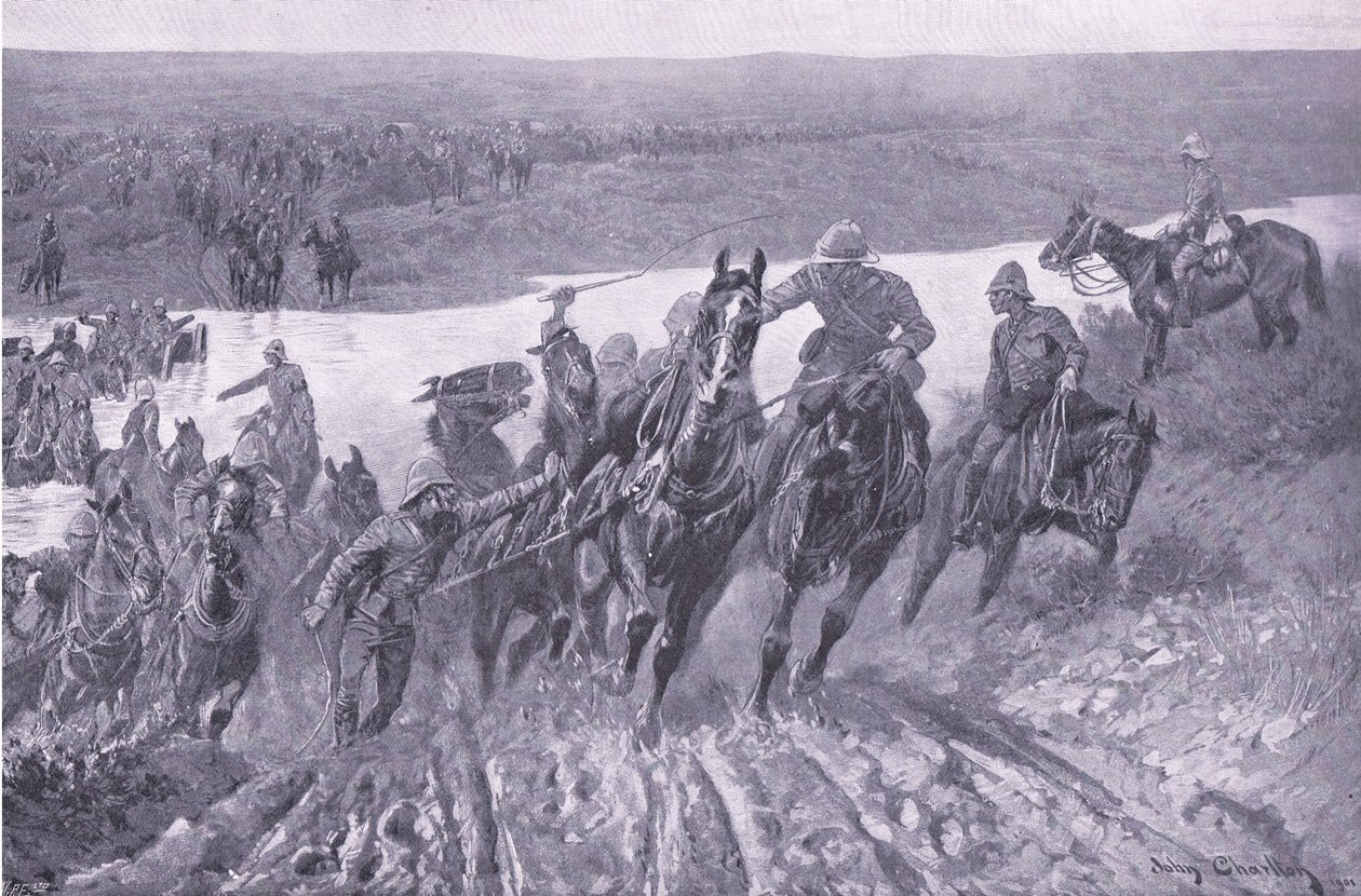 Artilleri som forsar kaledonen vid Kareepoort Drift, illustration från After Pretoria: The Guerilla War, 1902 av John Charlton