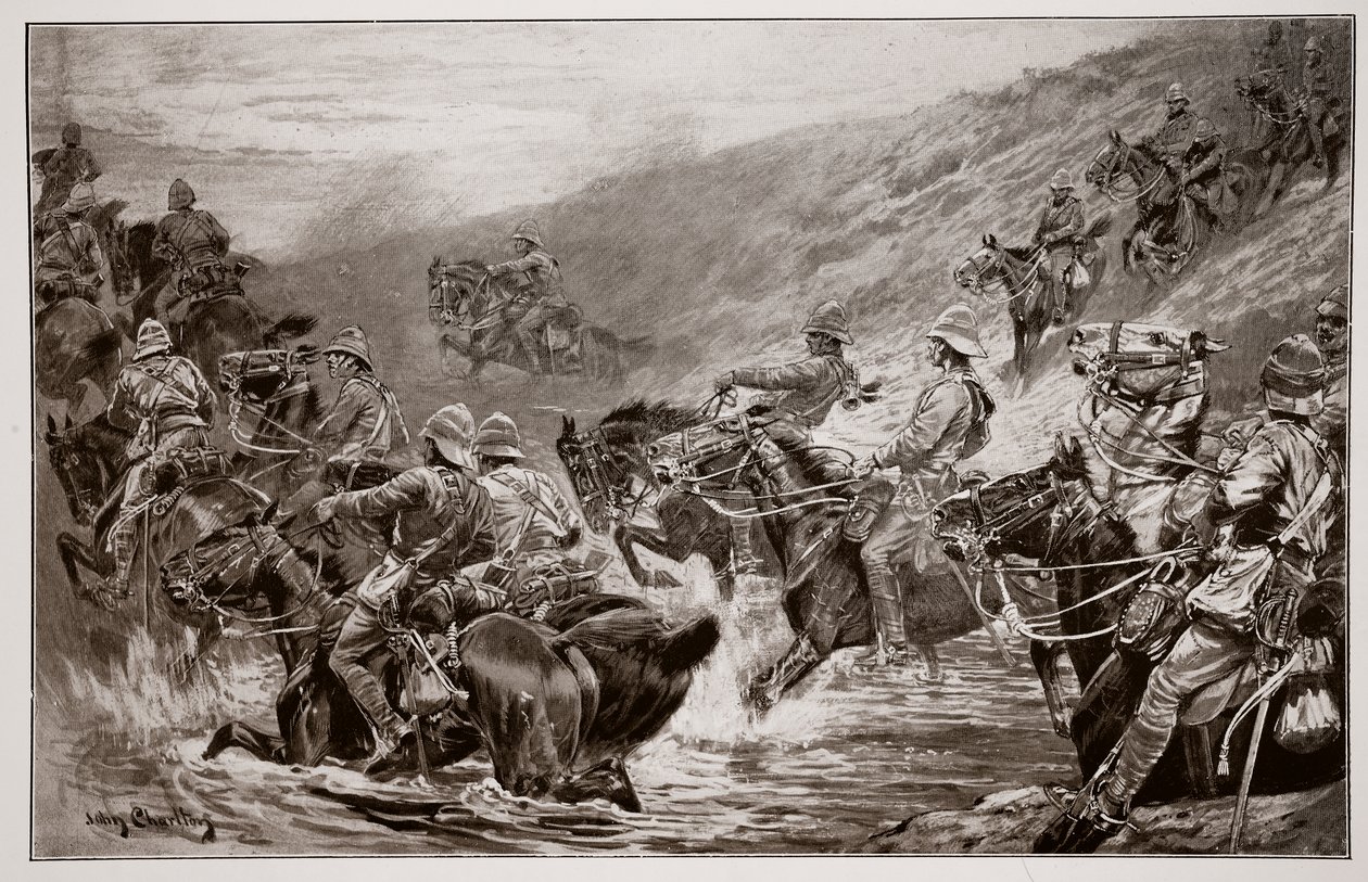 The Dash for Kimberley - The 10th Hussars Crossing Klip Drift, efter en sketch av G.D. Giles (fl.1890) av John Charlton