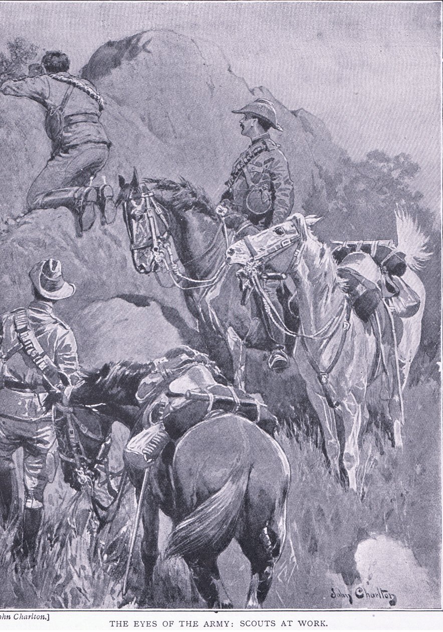 Arméns ögon, scouter på jobbet, från After Pretoria: The Guerilla War publicerad av Harmsworth Bros Limited, 1901 av John Charlton