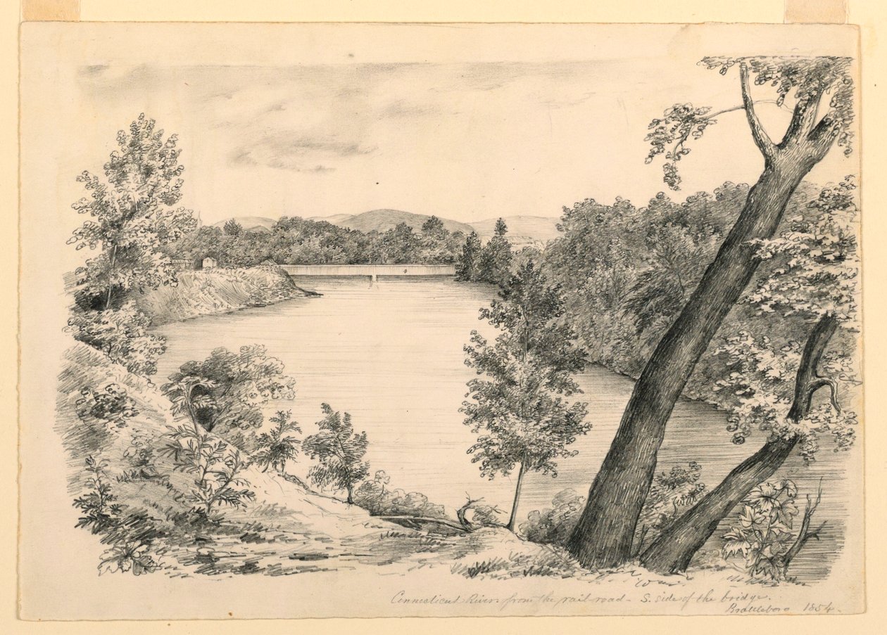 Teckning, vy över Conneticut River, nära Brattleboro, Vermont, 1854 av John Cheney