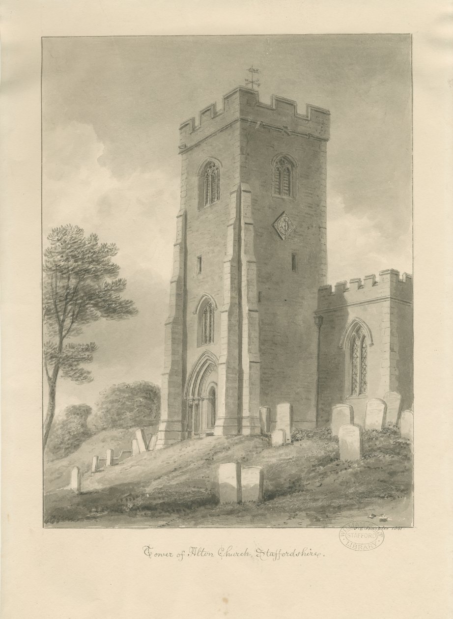 Alton Church - Tower: sepiateckning, 1841 av John Chessell Buckler