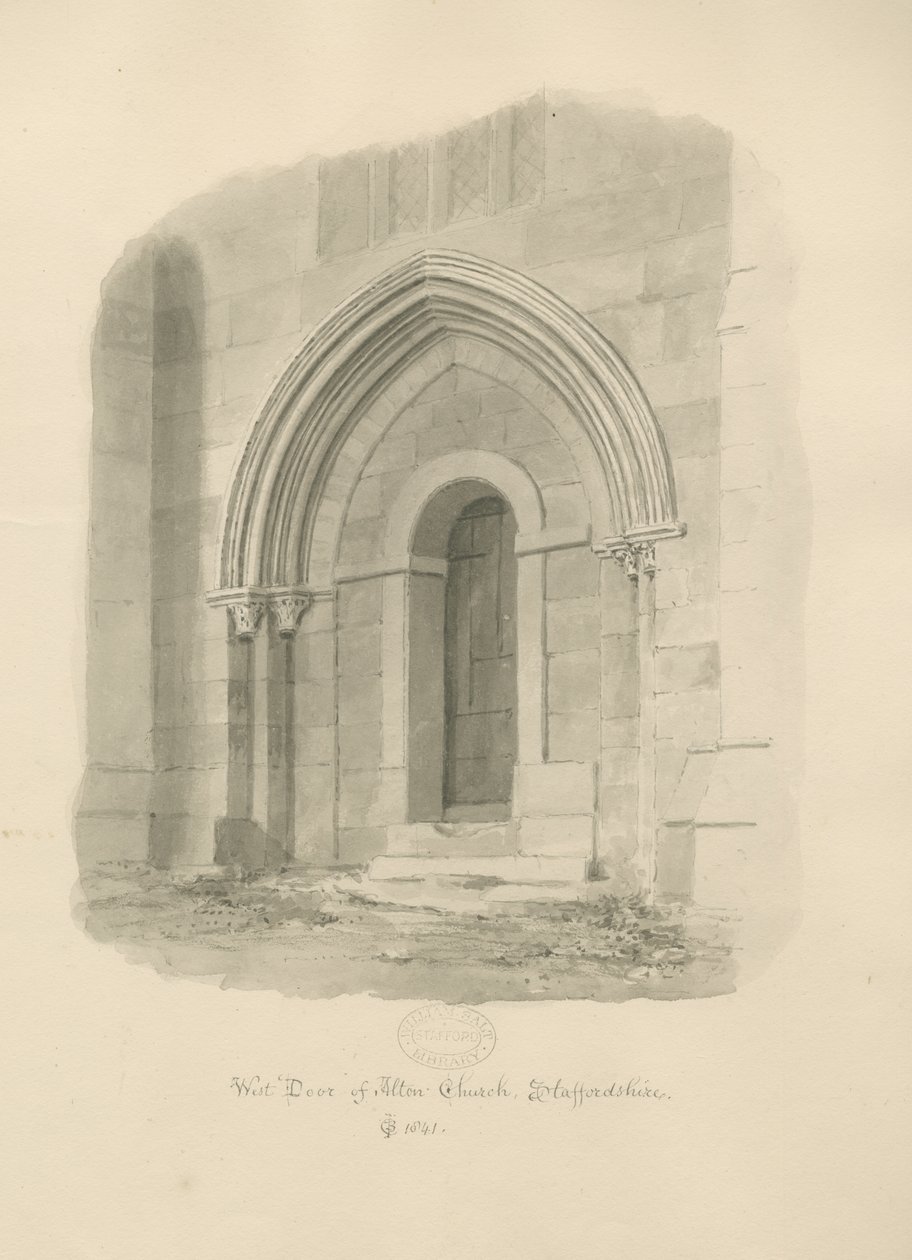 Alton Church - West Door: sepiateckning av John Chessell Buckler