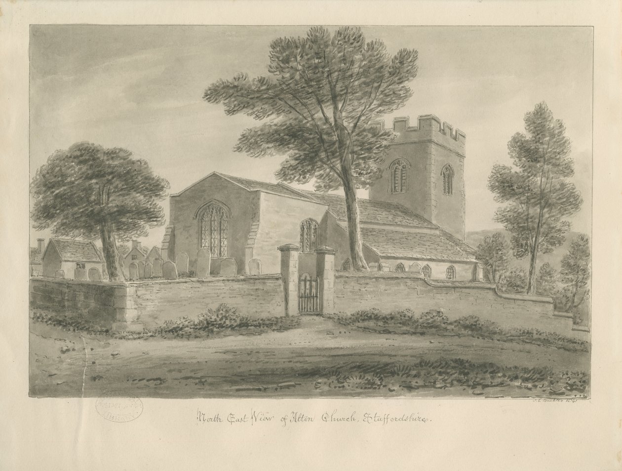 Alton Church: sepiateckning, 1841 av John Chessell Buckler