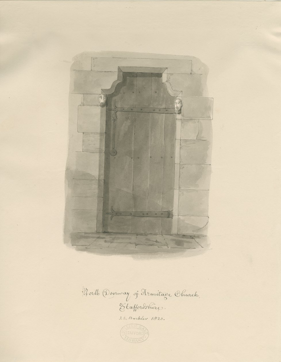 Armitage Church - North Doorway: sepiateckning av John Chessell Buckler
