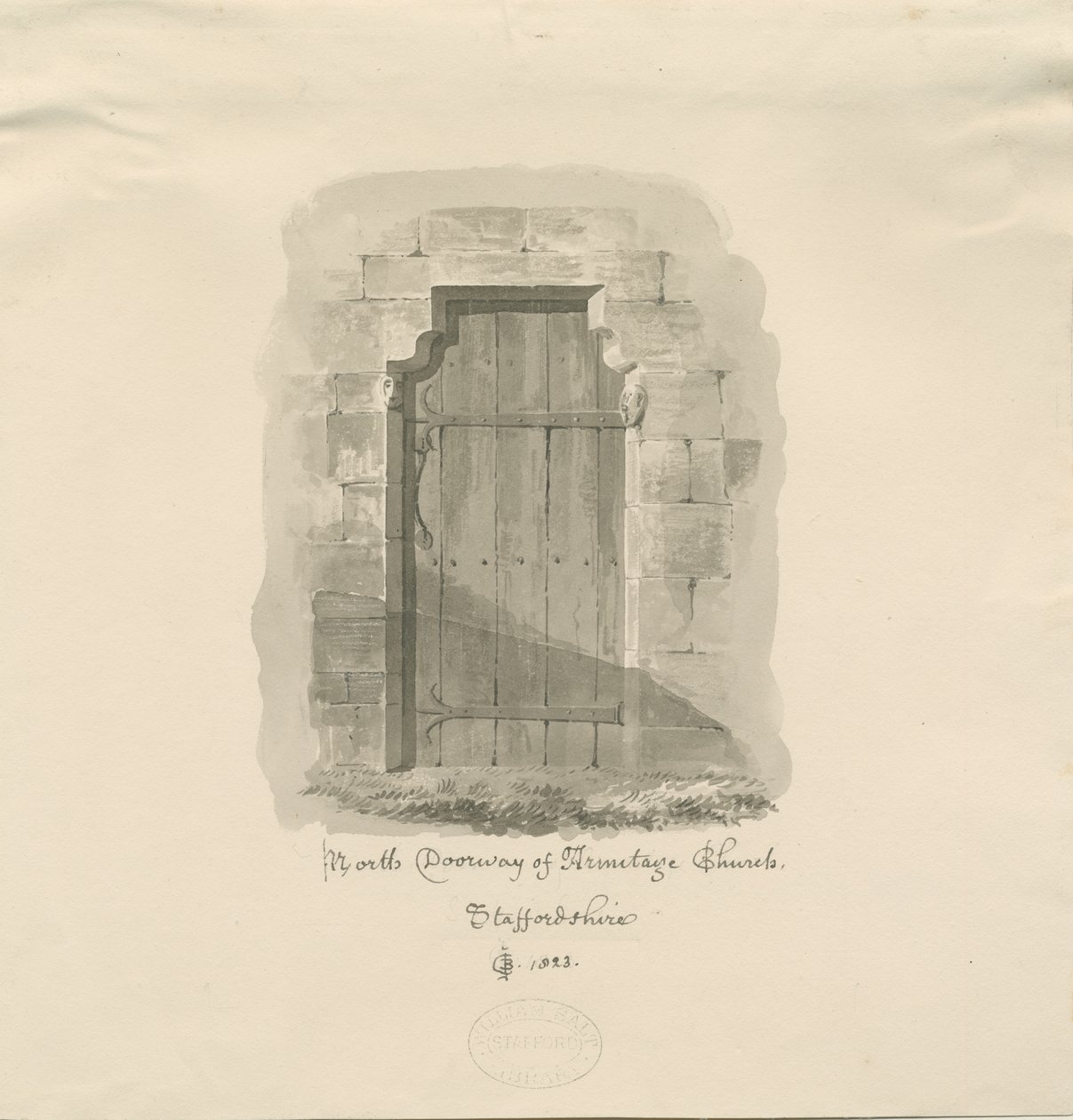 Armitage Church - North Doorway: sepiateckning, 1823 av John Chessell Buckler