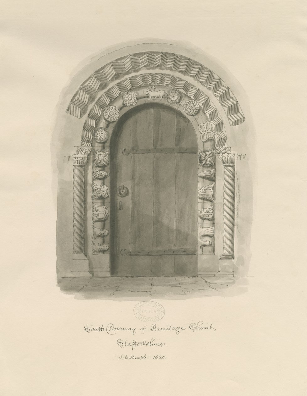 Armitage Church - South Doorway: sepiateckning av John Chessell Buckler