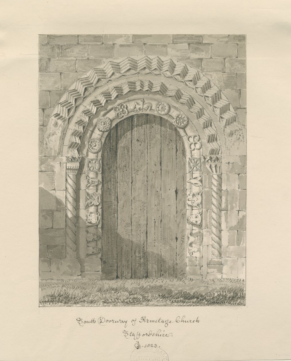 Armitage Church - South Doorway: sepiateckning, 1823 av John Chessell Buckler