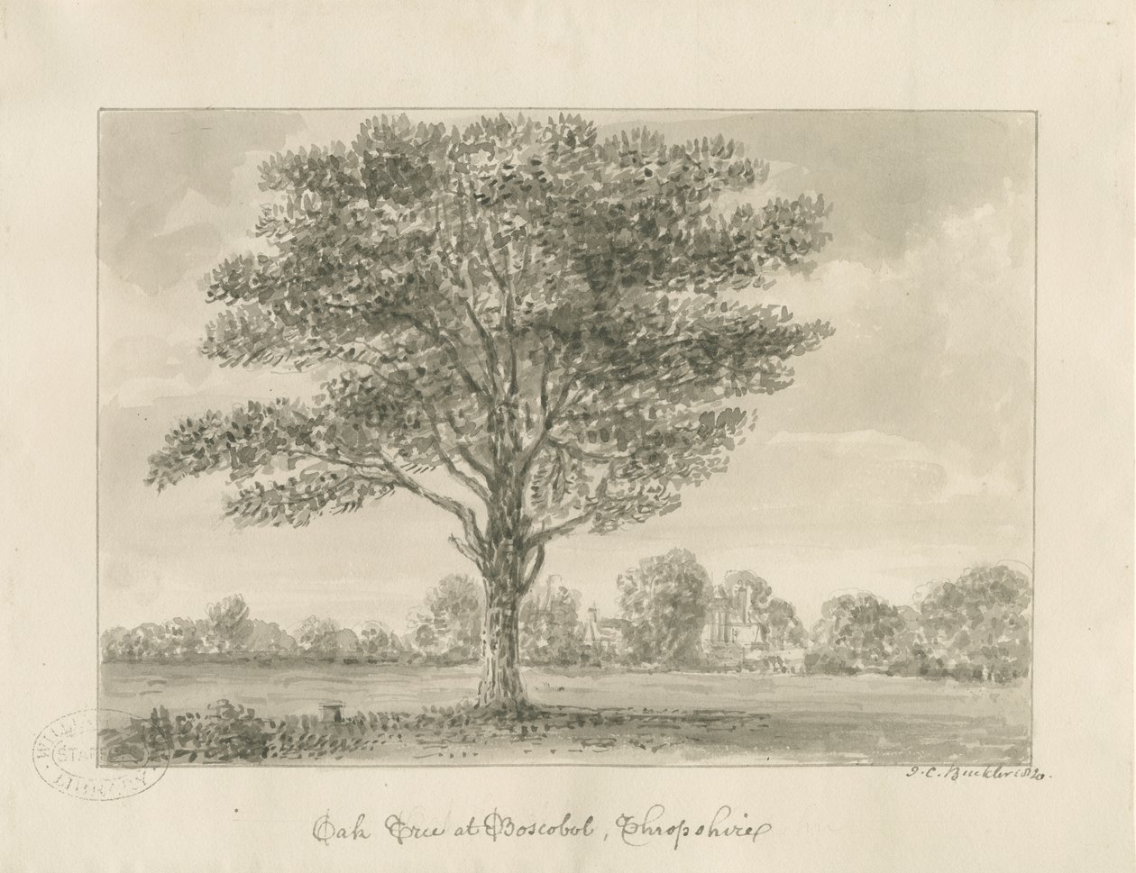 Boscobel - The Royal Oak: sepiateckning, 1820 av John Chessell Buckler