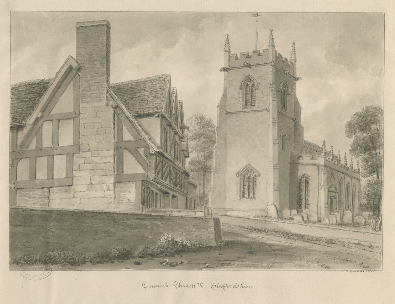 Cannock Church: sepiateckning, 1841 av John Chessell Buckler