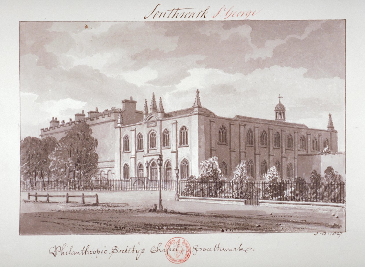 Kapell tillhörande Philanthropic Society Institution, London Road, Southwark, London, 1827 av John Chessell Buckler
