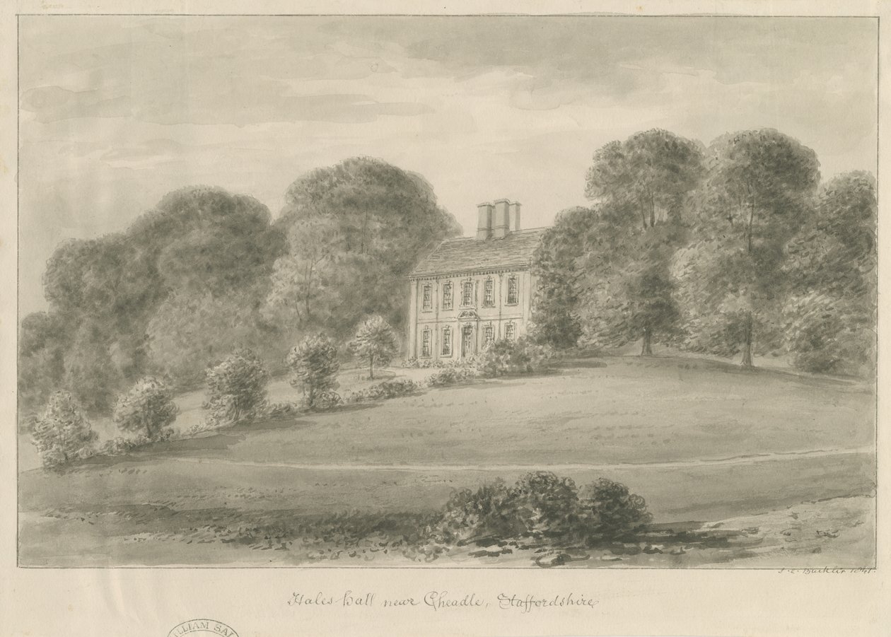 Cheadle - Hales Hall: sepiatvättteckning, 1841 av John Chessell Buckler
