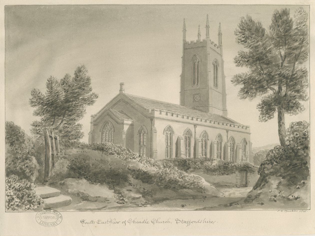 Cheadle Church: sepiateckning av John Chessell Buckler