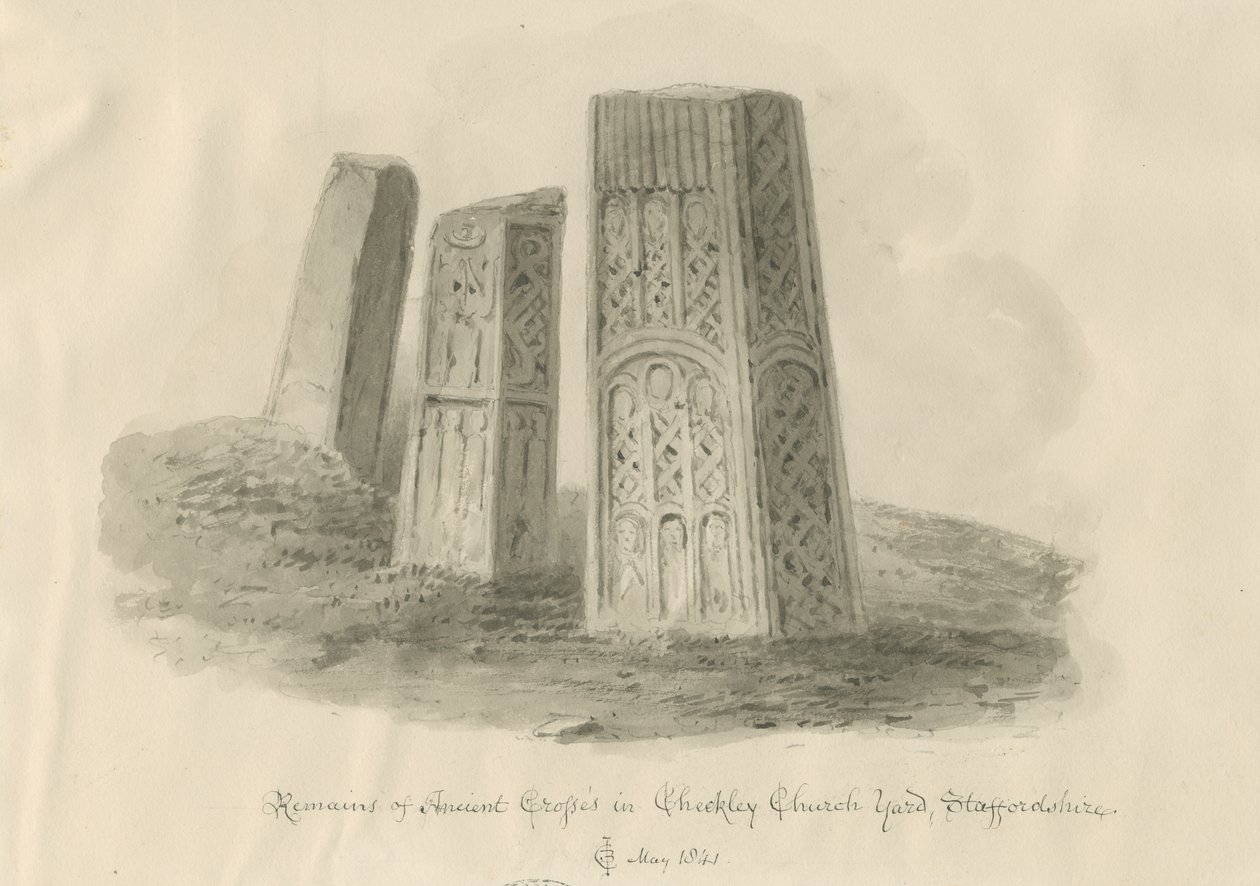 Checkley Church - Forntida kors: sepiateckning av John Chessell Buckler