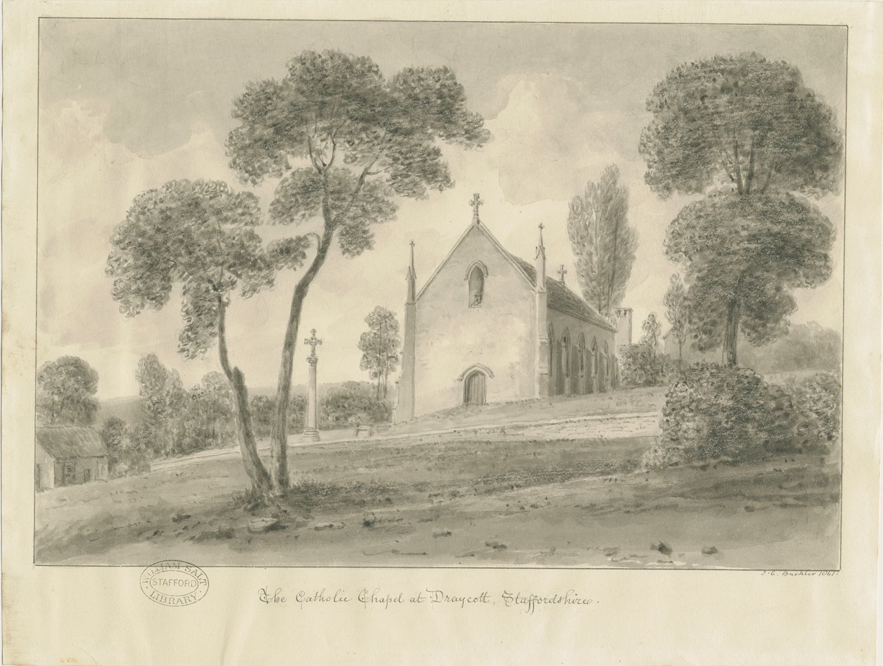 Cresswell - Draycott-in-the-Moors katolska kapellet: sepiateckning, 1841 av John Chessell Buckler