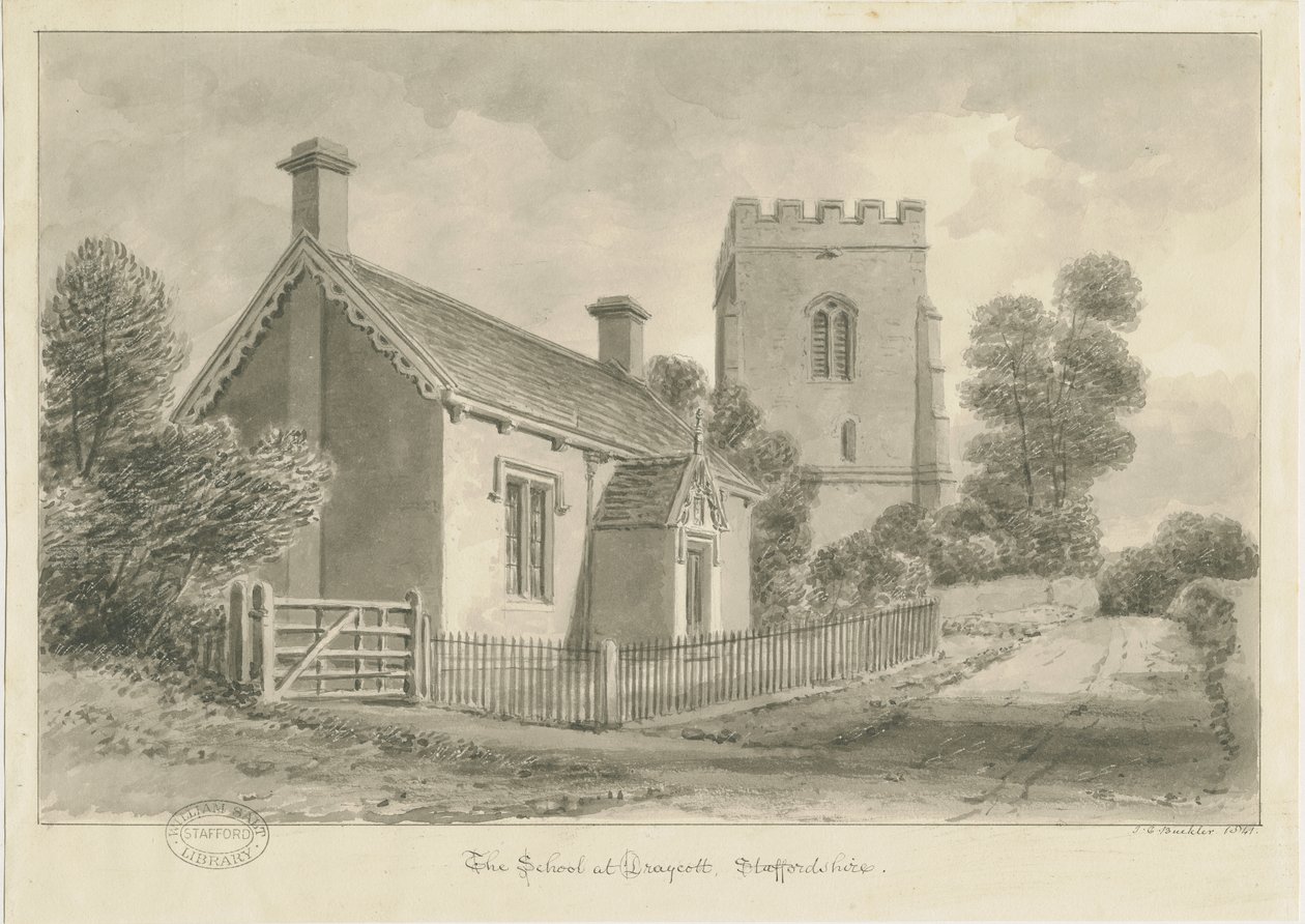 Draycott in the Moors - Skola: sepiateckning, 1841 av John Chessell Buckler