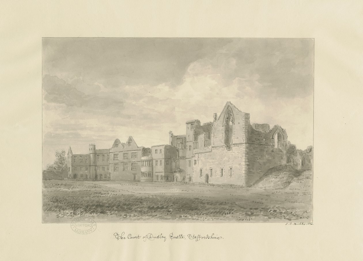 Dudley Castle - Court Yard: sepiateckning, 1820 av John Chessell Buckler