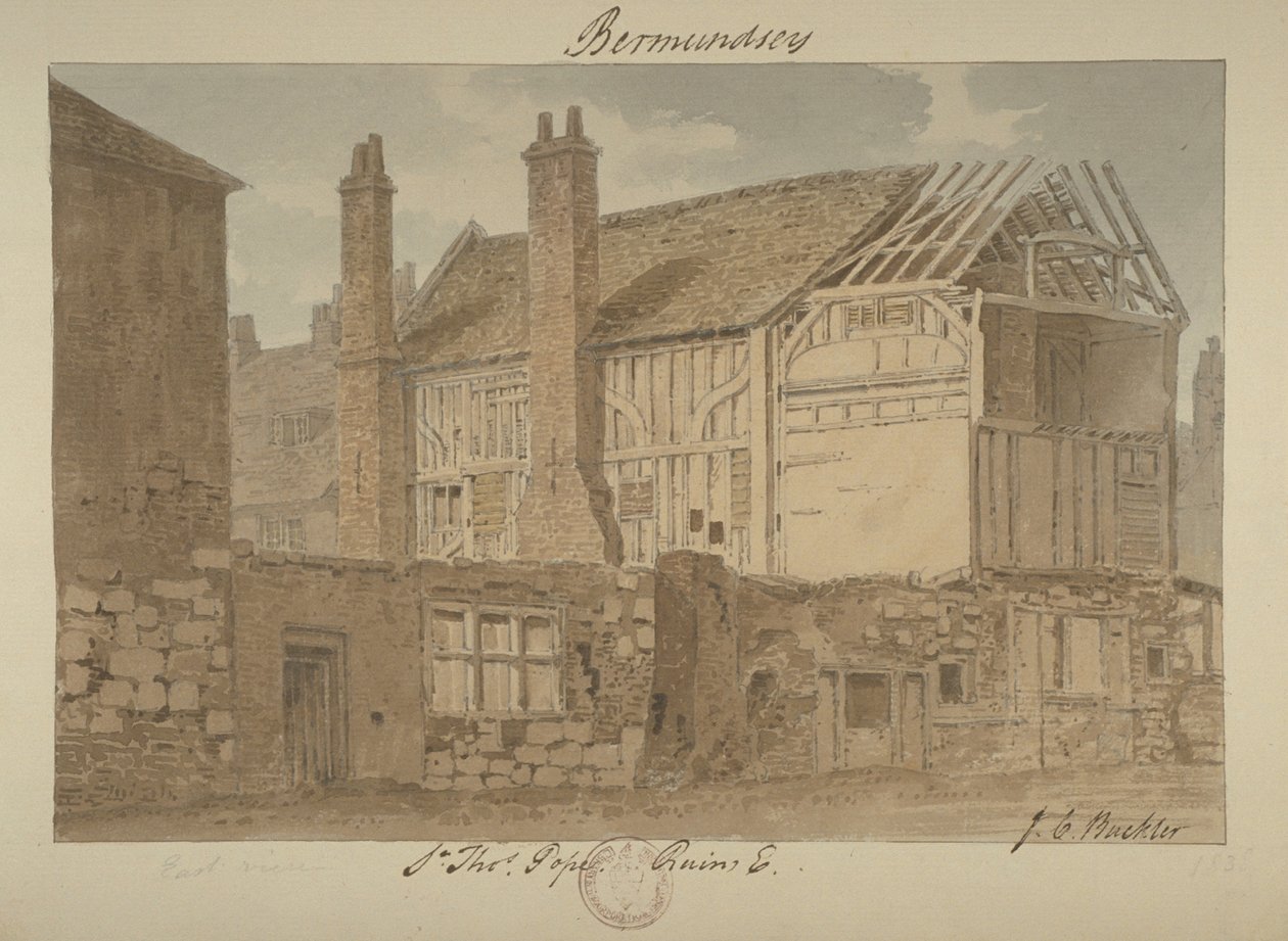 Östlig vy av ruinerna av Bermondsey House, 1838 av John Chessell Buckler