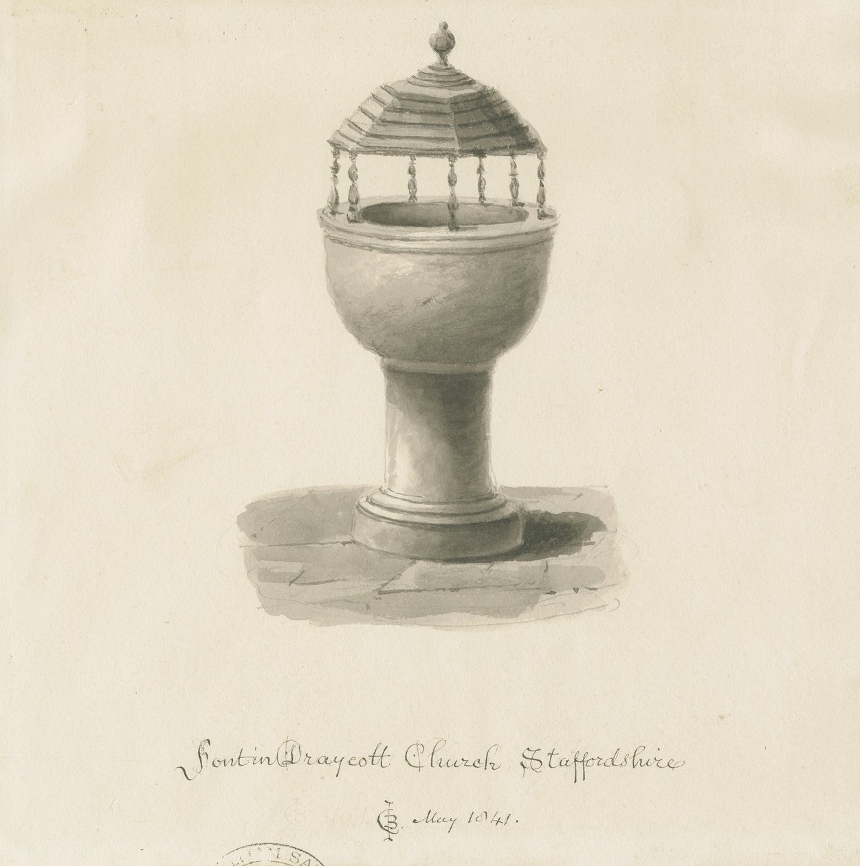 Typsnitt i Draycott i Moors Church: sepiateckning av John Chessell Buckler