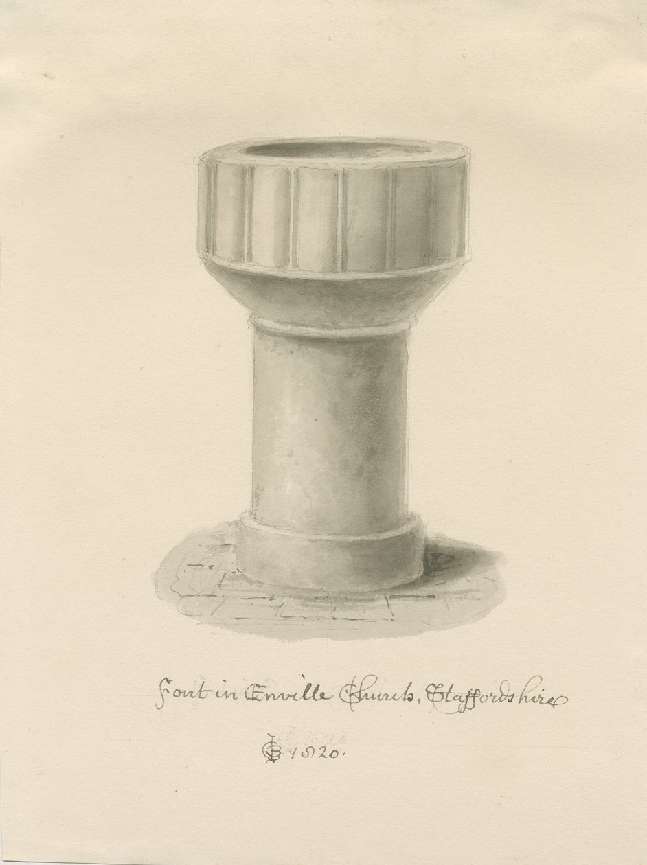 Font i Enville Church: sepiateckning, 1820 av John Chessell Buckler