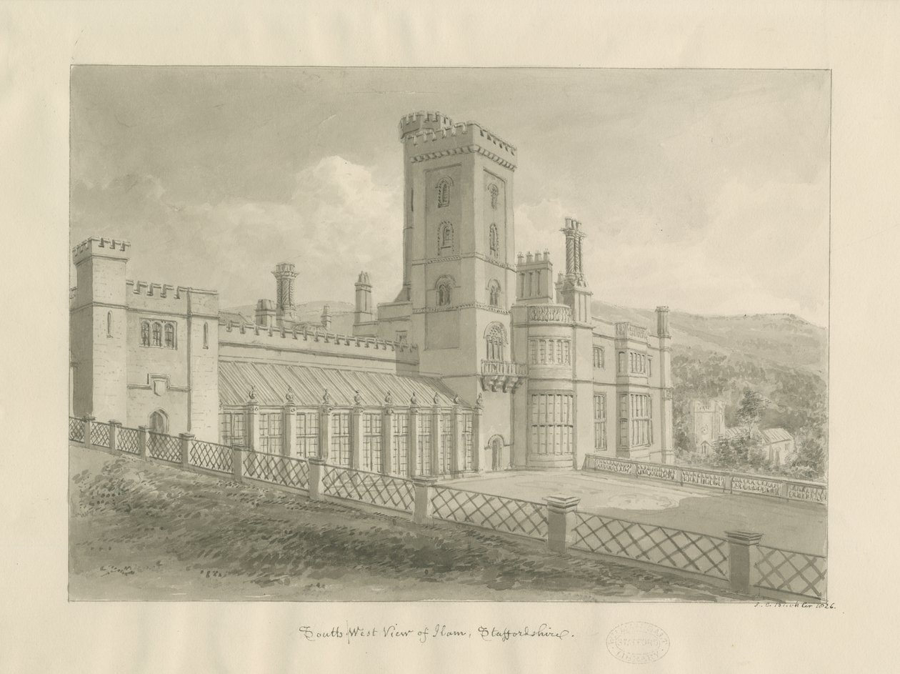Ilam Hall: sepiateckning av John Chessell Buckler