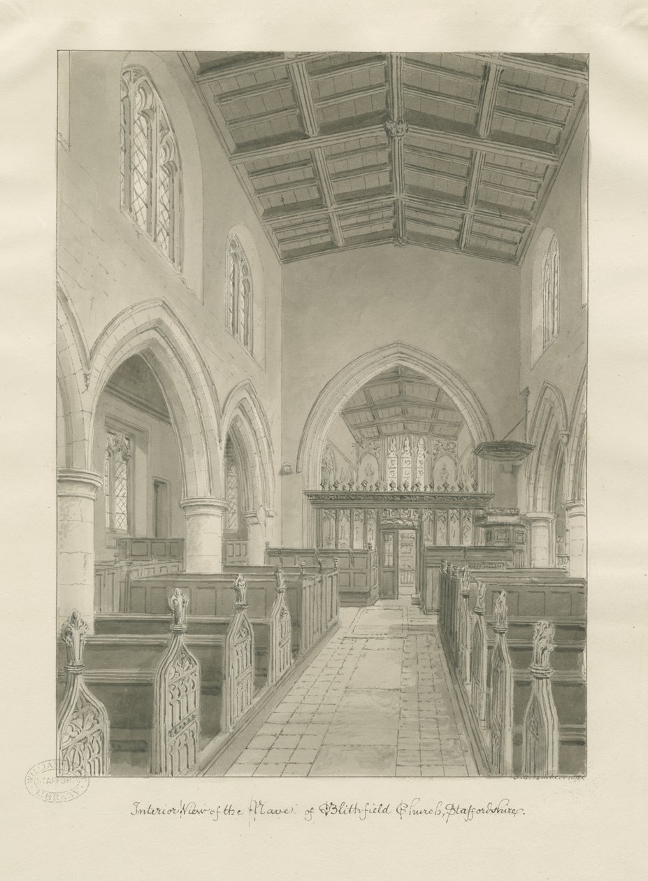 Interiör av Blithfield Church: sepiateckning, 1824 av John Chessell Buckler