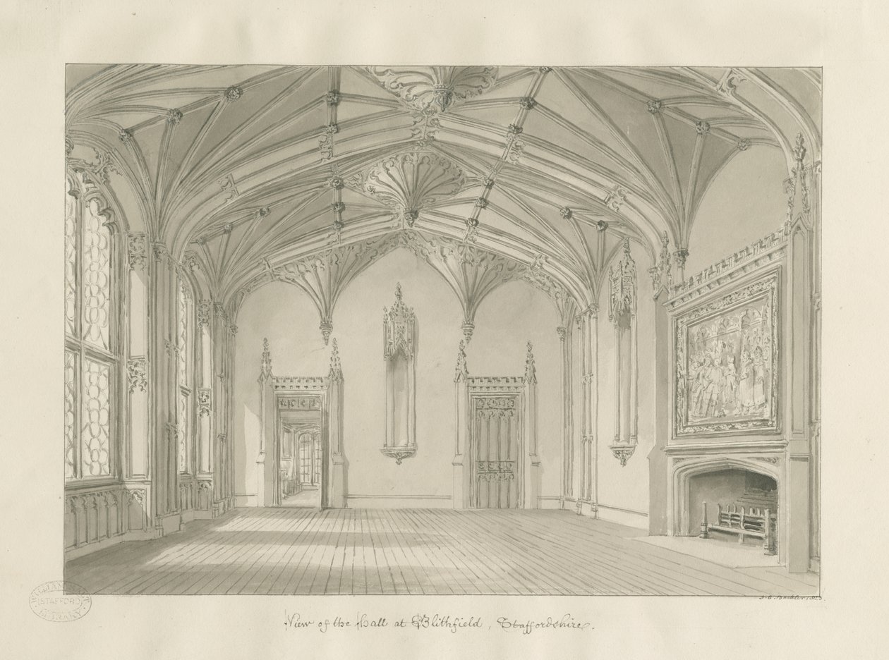 Blithfield Halls interiör: sepiateckning, 1823 av John Chessell Buckler