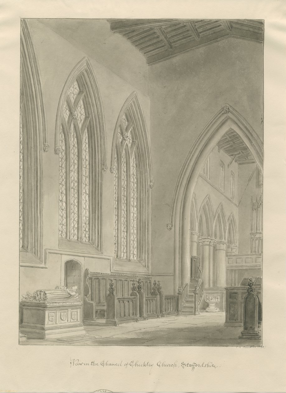 Checkley Churchs interiör: sepiateckning, 1841 av John Chessell Buckler