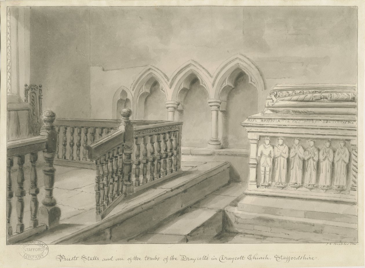 Interiör av Draycott i Moors Church: sepiateckning, 1841 av John Chessell Buckler