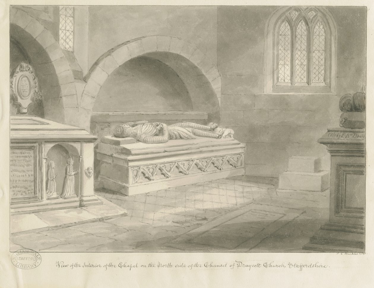 Interiör av Draycott i Moors Church: sepiateckning, 1841 av John Chessell Buckler