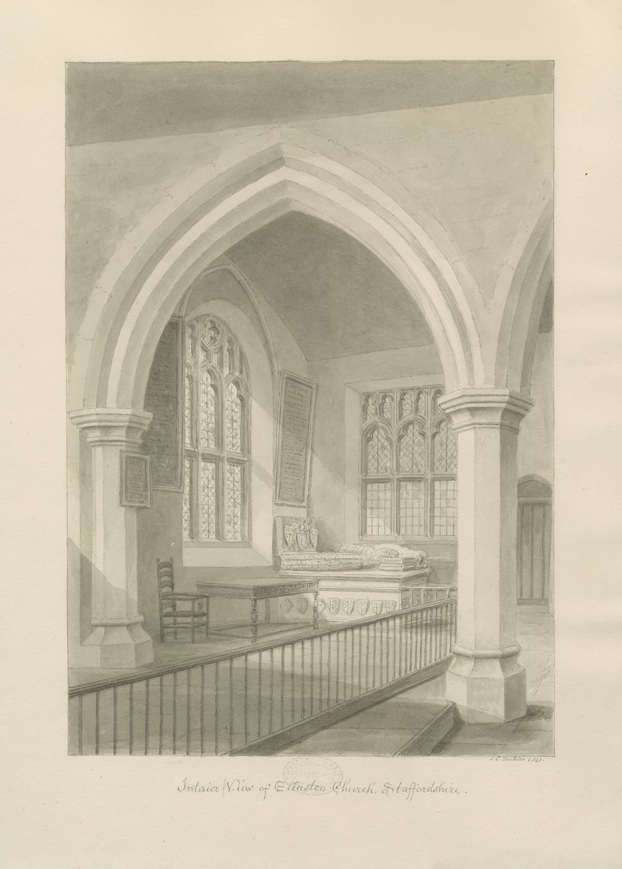 Interiör av Ellastone Church: sepiateckning, 1841 av John Chessell Buckler