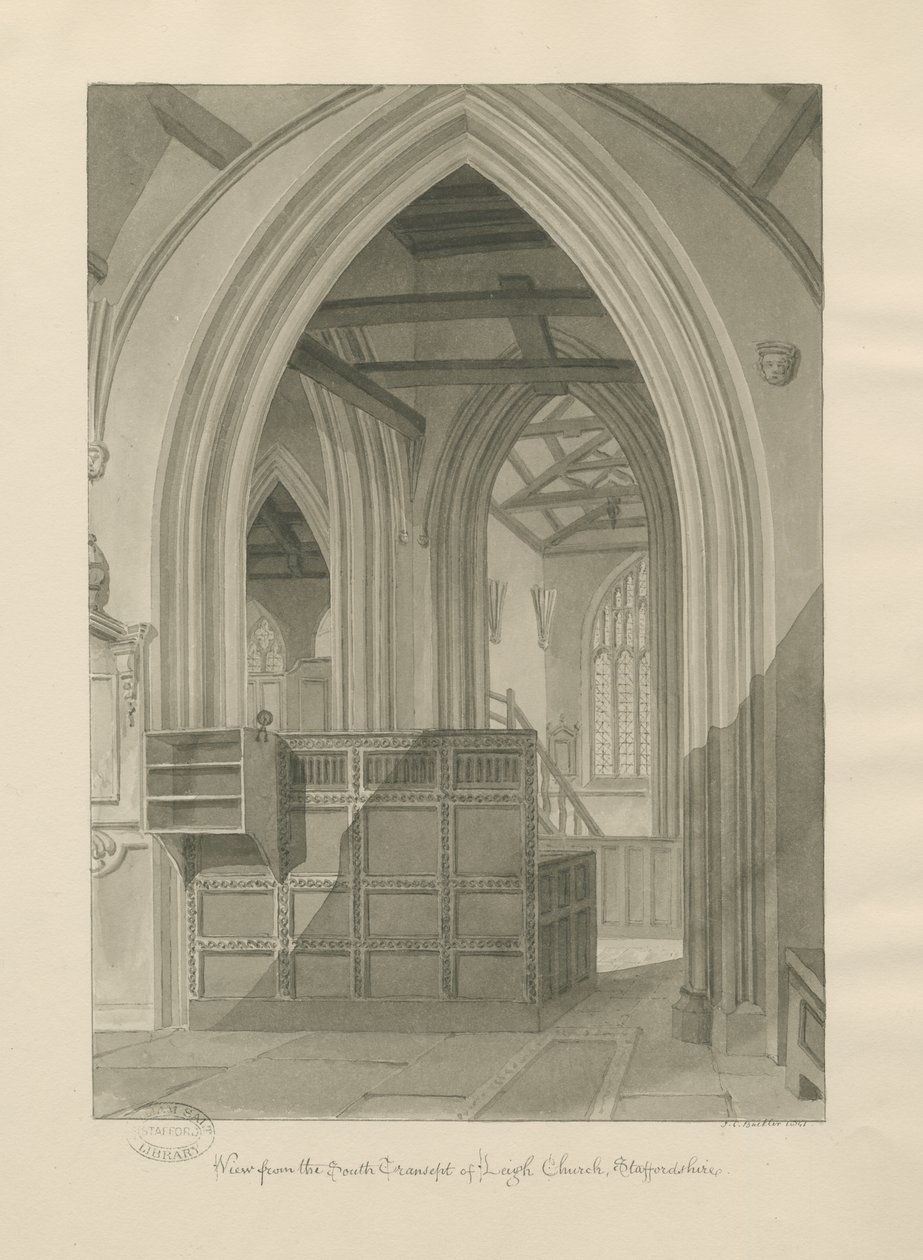 Interiör av Leigh Church: sepiateckning, 1841 av John Chessell Buckler
