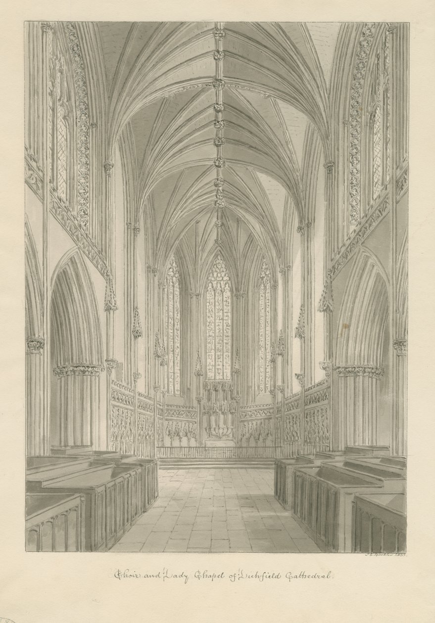 Interiör av Lichfield Cathedral - Choir and Lady Chapel: sepiateckning av John Chessell Buckler