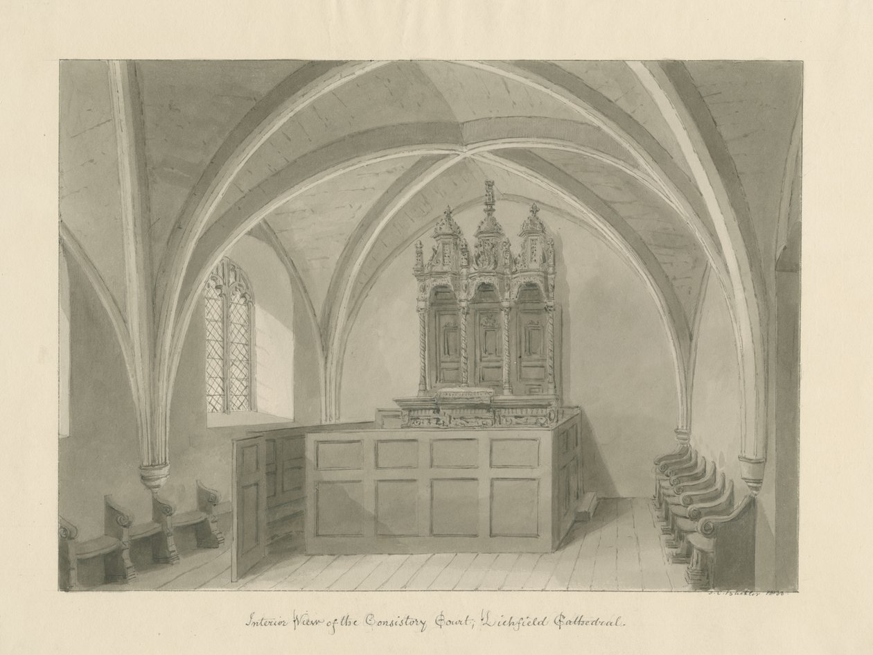 Interiör av Lichfield Cathedral - Consistory Court: sepiateckning av John Chessell Buckler