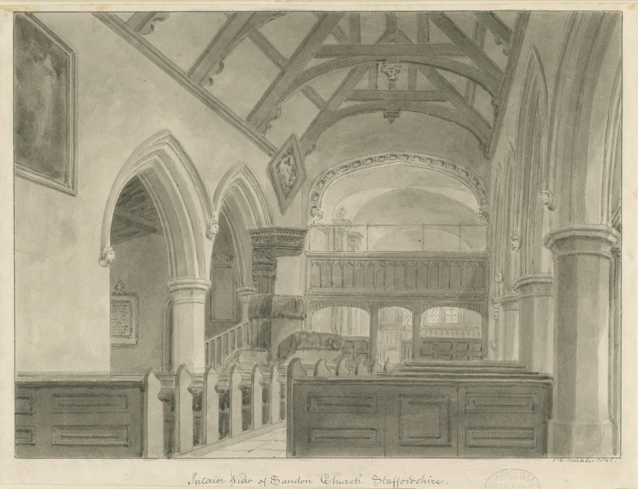 Interiör av Sandon Church: sepiateckning, 1841 av John Chessell Buckler