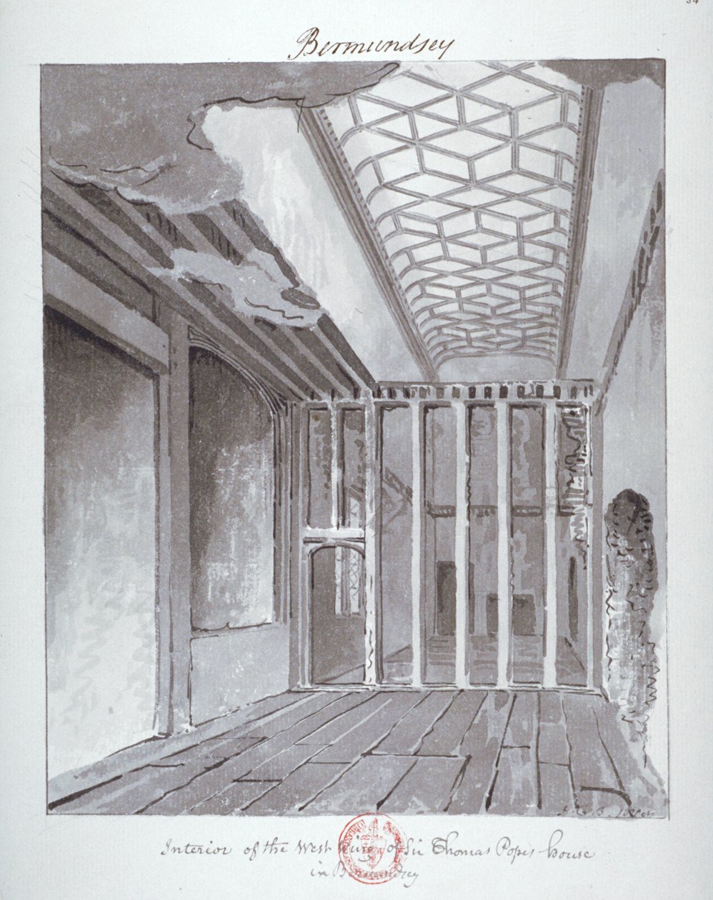 "Interiör av den västra flygeln av Sir Thomas Popes hus i Bermondsey", 1808 av John Chessell Buckler