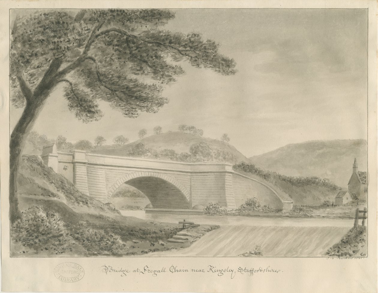 Kingsley - Bridge at Froghall: sepiateckning, 1841 av John Chessell Buckler